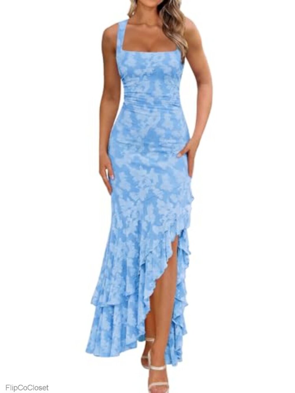 Elegant Ruched Floral Maxi Dress with Tiered Ruffles for Wedding Guest